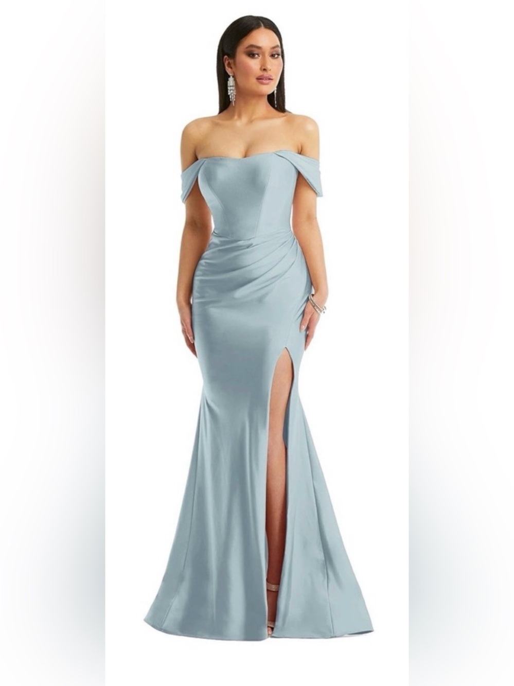 Cynthia & Sahar Lux Satin Off-The-Shoulder Corset Stretch Mermaid Dress in Mist